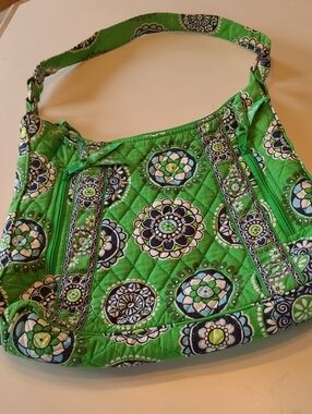Vera Bradley Bright Green Quilted Shoulder Bag with Floral Medallions